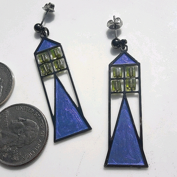 Vintage Jewelry - Vintage Dangle Earrings Art Deco Metal and Beads